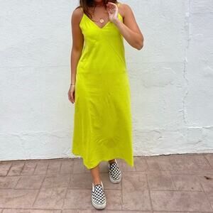 Zara Women's size Small Chartreuse Green 100% Cotton Sleeveless Midi Dress